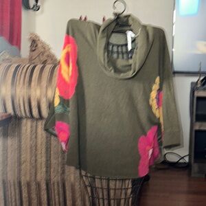 Olive Green Poncho with Floral Accents